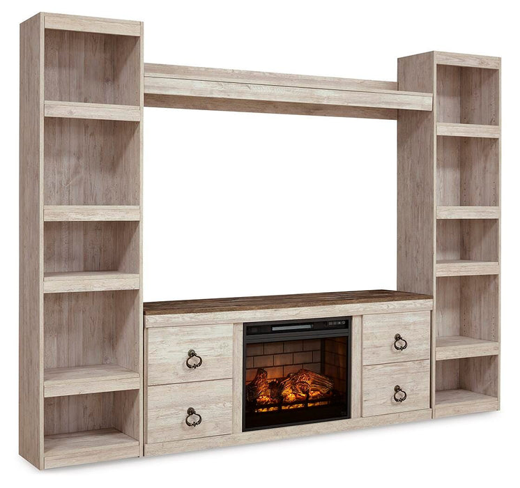 Willowton Whitewash Willowton 4-Piece Entertainment Center with Electric Fireplace