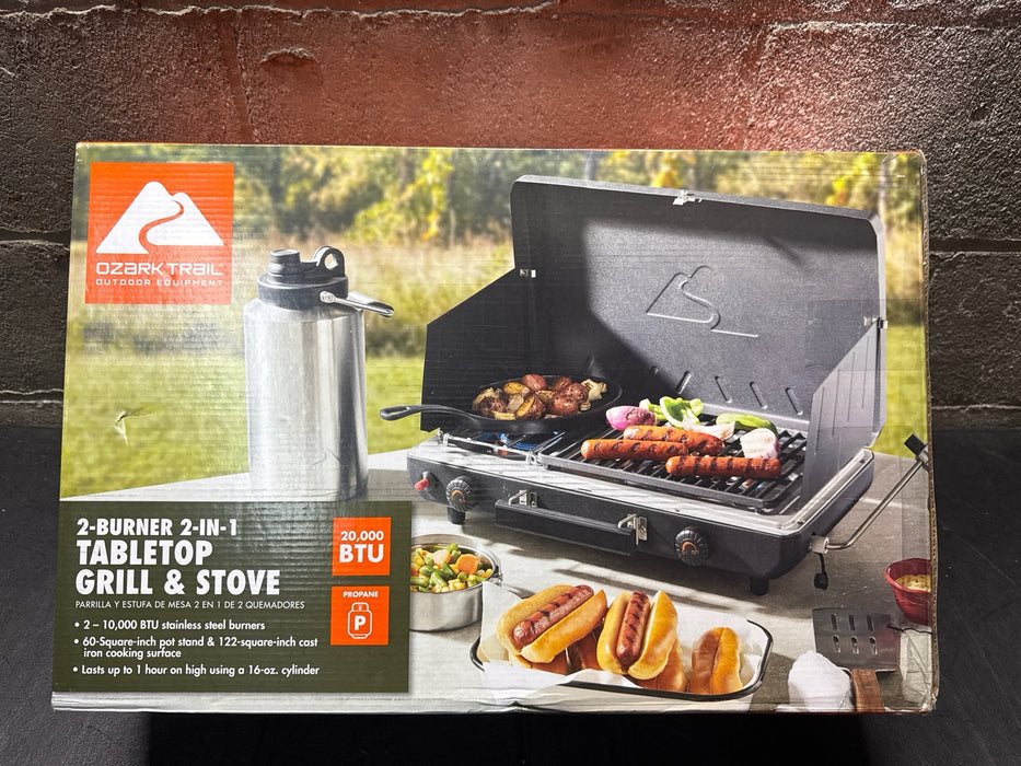 Ozark Trail 2 Burner Black Propane 2-in-1 Portable Camp Stove and Grill, Model GCT2220WB, New - new