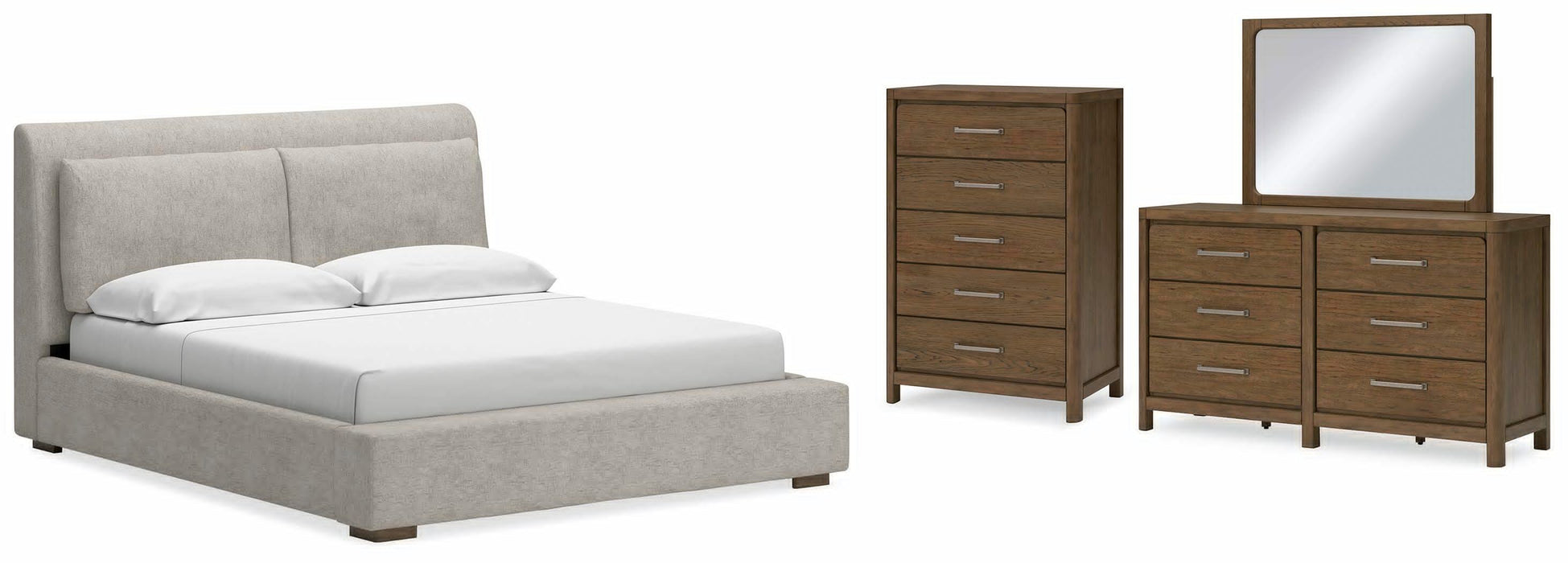 Cabalynn Light Brown Cabalynn King Upholstered Bed with Mirrored Dresser and Chest - Brand New