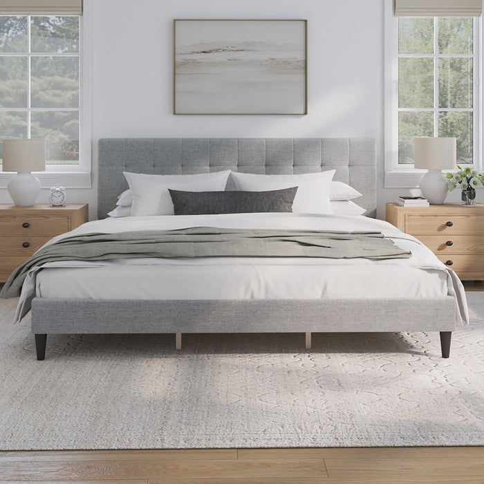 Mainstays Hillside Square Tufted Upholstered King Platform Bed, Light Gray Fabric - new