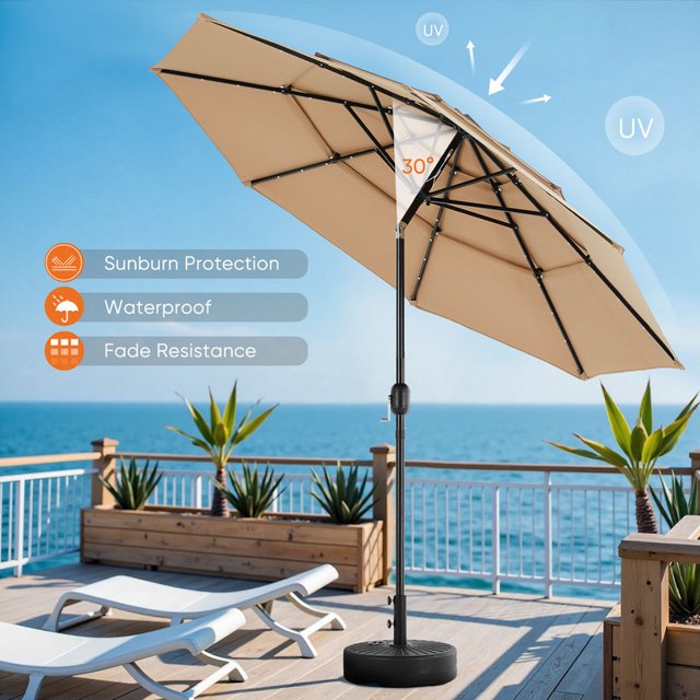 Gianna 10FT 3-Tier Solar Patio Umbrella with 32 LED Lights, Outdoor Umbrellas with Push Button Tilt and Crank,Khaki - new