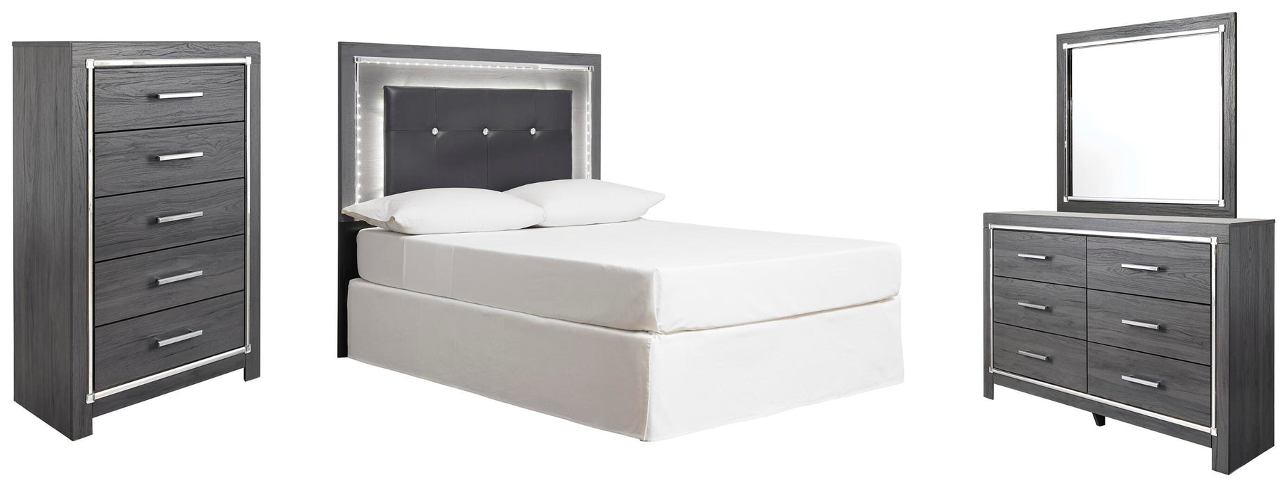 Lodanna Gray Lodanna Full Upholstered Panel Headboard Bed with Mirrored Dresser and Chest