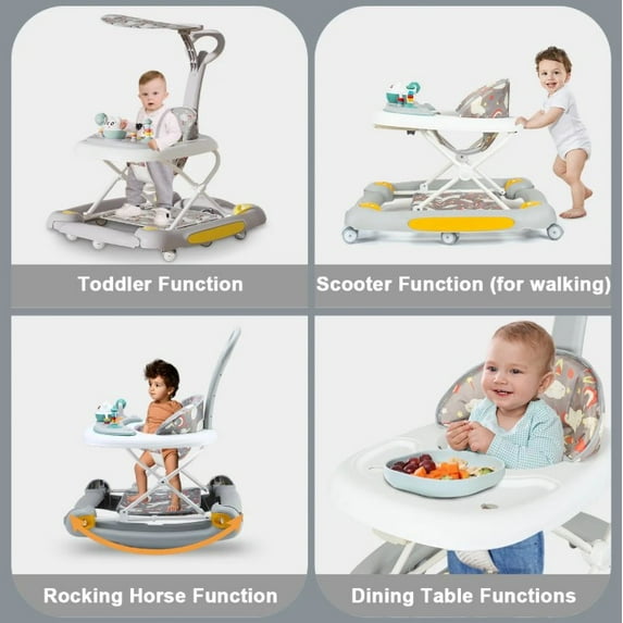 LHUAI 6-in-1 Baby Walker With Wheels, Bouncer, Removable Footrest, Feeding Tray & Music, Foldable & Adjustable Activity Walker For Boys And Girls, Toddler Infant, Grey - new