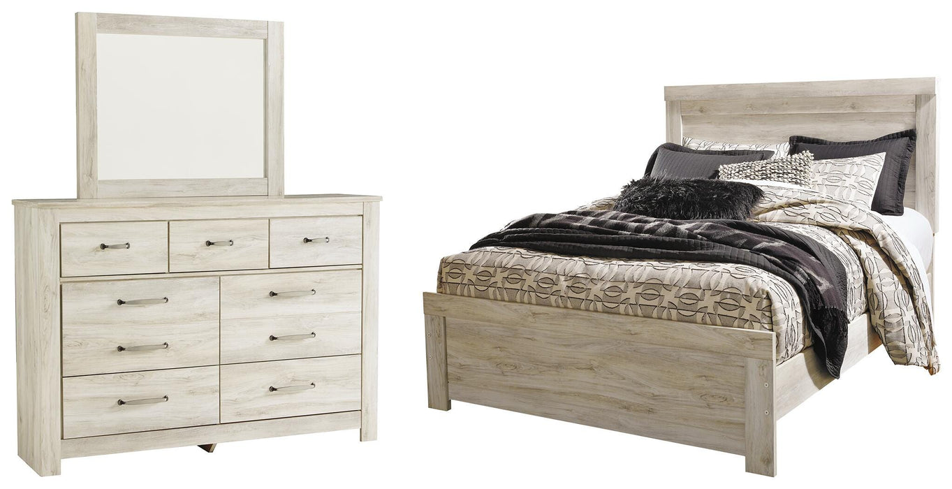 Bellaby Whitewash Bellaby Queen Panel Bed with Mirrored Dresser - Brand New