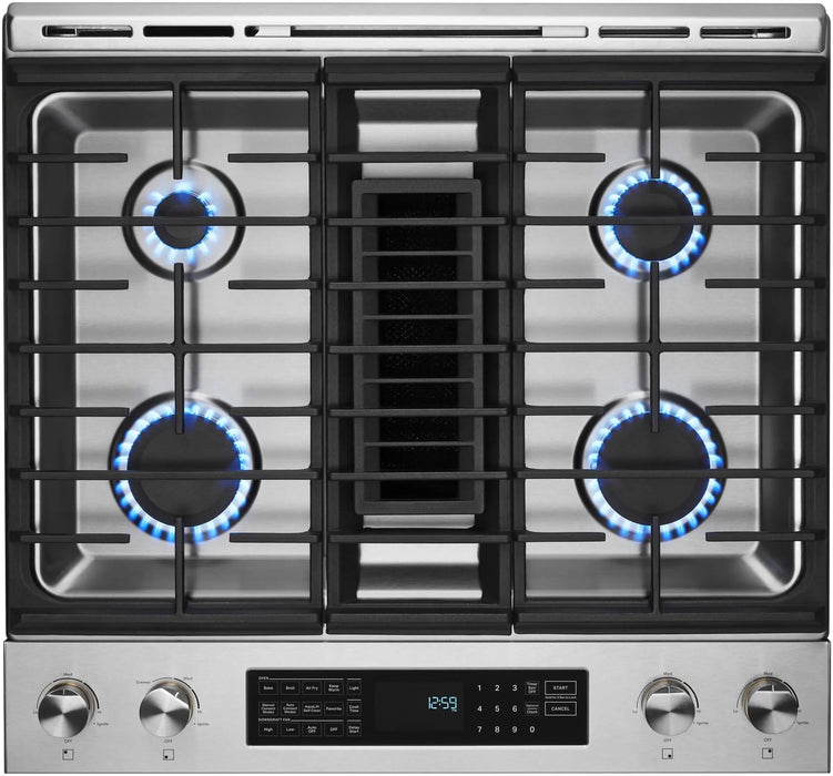 JennAir  30 Inch Slide-In Dual Fuel Range with 4 Sealed Burners, 6.2 cu. ft. Oven Capacity, Continuous Grates, Self-Clean Mode, Downdraft Ventilation, and True Convection: Stainless Steel - used_good