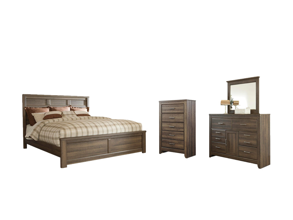 Juararo Dark Brown Juararo Queen Panel Bed with Mirrored Dresser and Chest