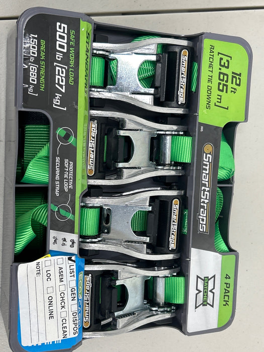 SmartStraps 1 in. x 12 ft. Green RatchetX Standard Duty Ratchet Tie Down Straps, Padded Handle, 500 lb. Safe Work Load - 4 Pack - new