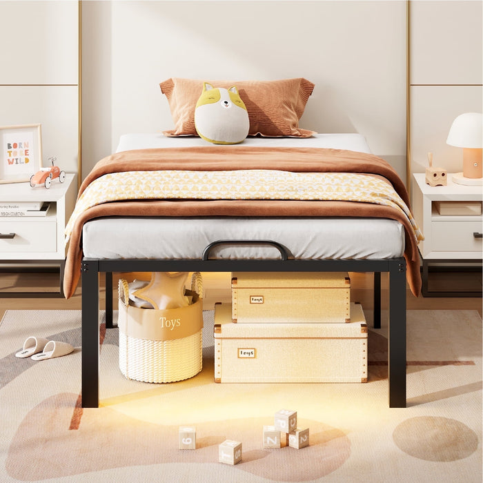 Pinmoco Twin Bed Frame with Dual LED Lights and Charging, Heavy Duty Metal Platform Bed with 16.5'' Large Under Bed Storage Space, Black - new