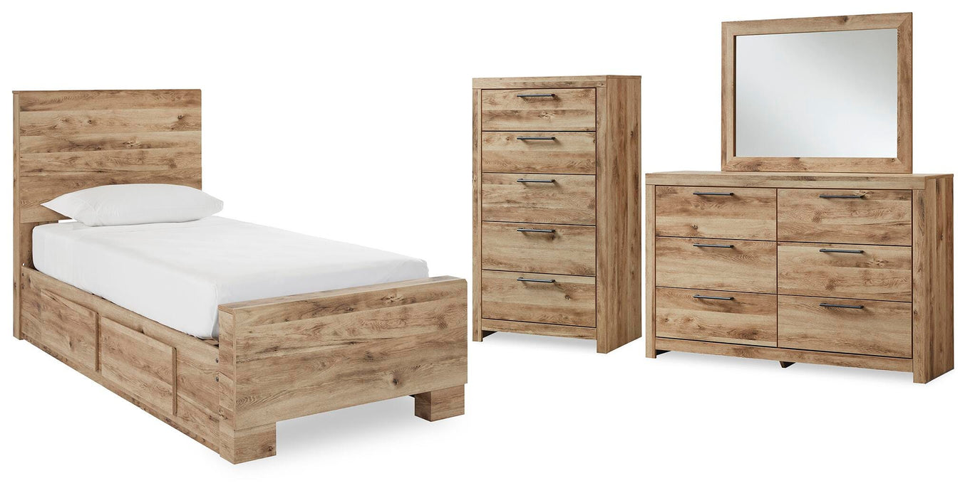 Hyanna Tan Brown Hyanna Twin Panel Bed with 1 Side Storage, Dresser, Mirror and Chest - Brand New