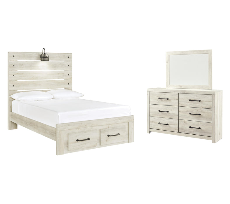 Cambeck Whitewash Cambeck Full Panel Bed with 2 Storage Drawers with Mirrored Dresser