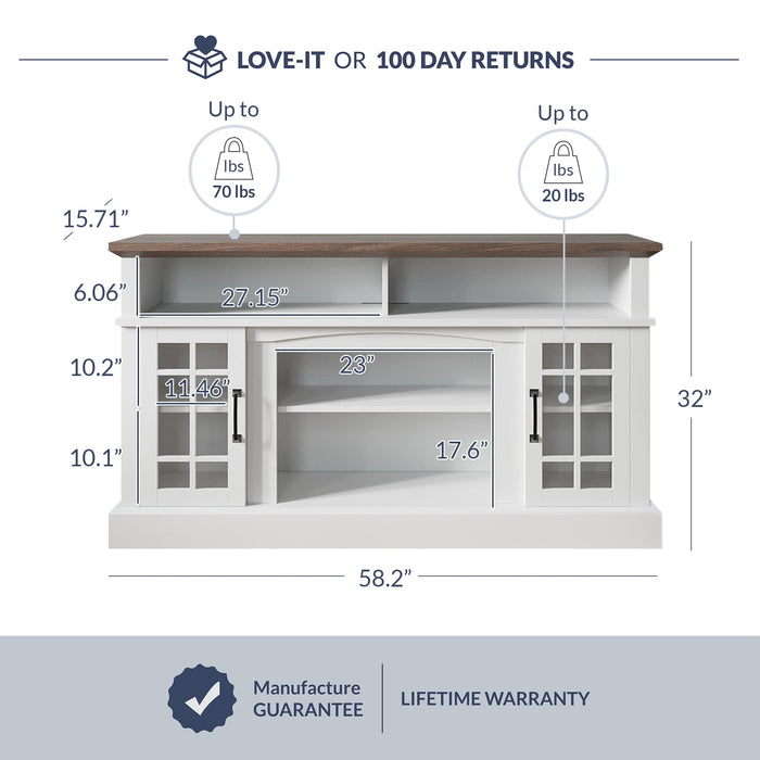 BELLEZE 58 Inch TV Stand, Rustic Wood Entertainment Center for TVs up to 65", Contemporary Media Console Table with Two Open Shelves and Glass Door Cabinets - Astorga (White) - new
