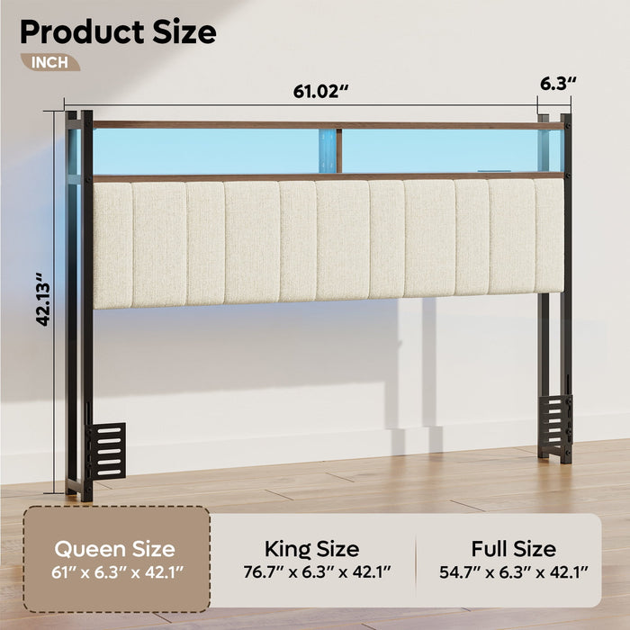 Pinmoco Upholstered Headboard for Queen Bed with Storage, Linen Head Board with LED Light and Charging Station, Beige, Headboard Only(Bed Frame Not Included) - new