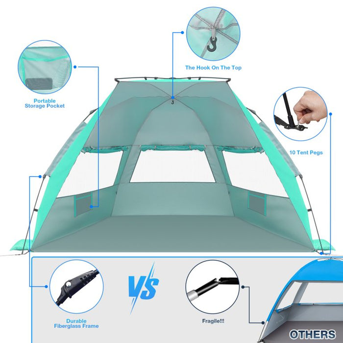 Beach Tent, 4-6 Person Pop-up Beach Tent Sun Shelter, UPF 50+ UV Protection Portable Waterproof Beach Tent, Sunshade with Extendable Floor for Family, Fishing, Camping, Green - new