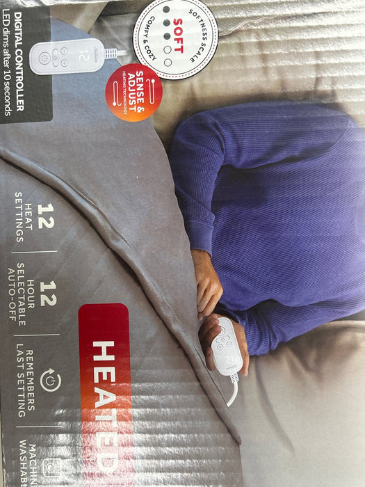 Sunbeam Electric Heated Bed Blanket Gray Soft Brushed Fleece 12 Heat Settings Full 84 x 72 - new