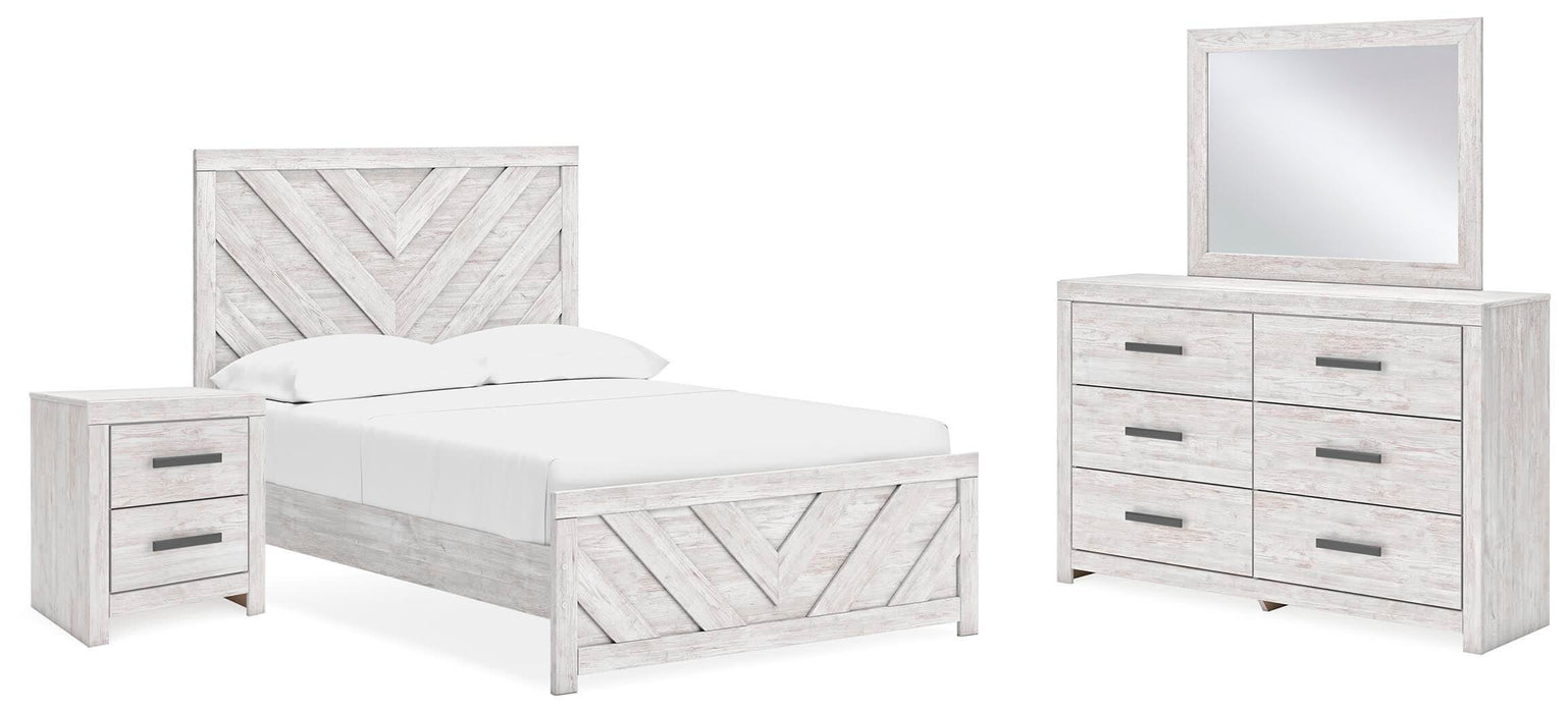 Cayboni Whitewash Cayboni Full Panel Bed with Mirrored Dresser and Nightstand