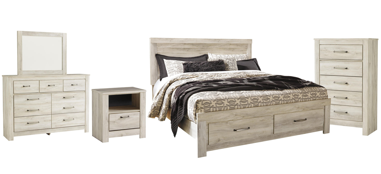 Bellaby Whitewash Bellaby King Platform Bed with 2 Storage Drawers with Mirrored Dresser, Chest and Nightstand