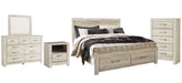 Bellaby Whitewash Bellaby King Platform Bed with 2 Storage Drawers with Mirrored Dresser, Chest and Nightstand