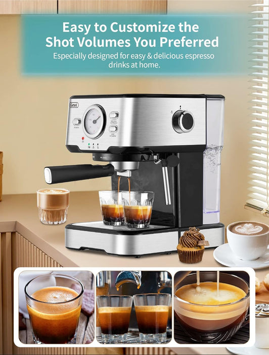 Gevi Espresso Machine 15 Bar Pump Pressure, Cappuccino Coffee Maker with Milk Foaming Steam Wand for Latte, Mocha, Cappuccino, 1.5L Water Tank, 1100W, Black silver 4 - new