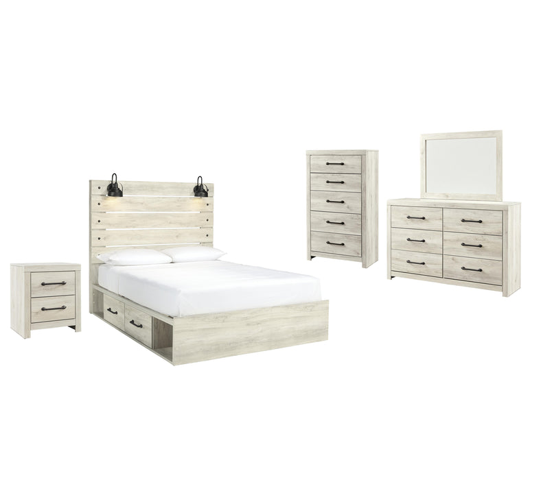 Cambeck Whitewash Cambeck Queen Panel Bed with 2 Storage Drawers with Mirrored Dresser, Chest and Nightstand
