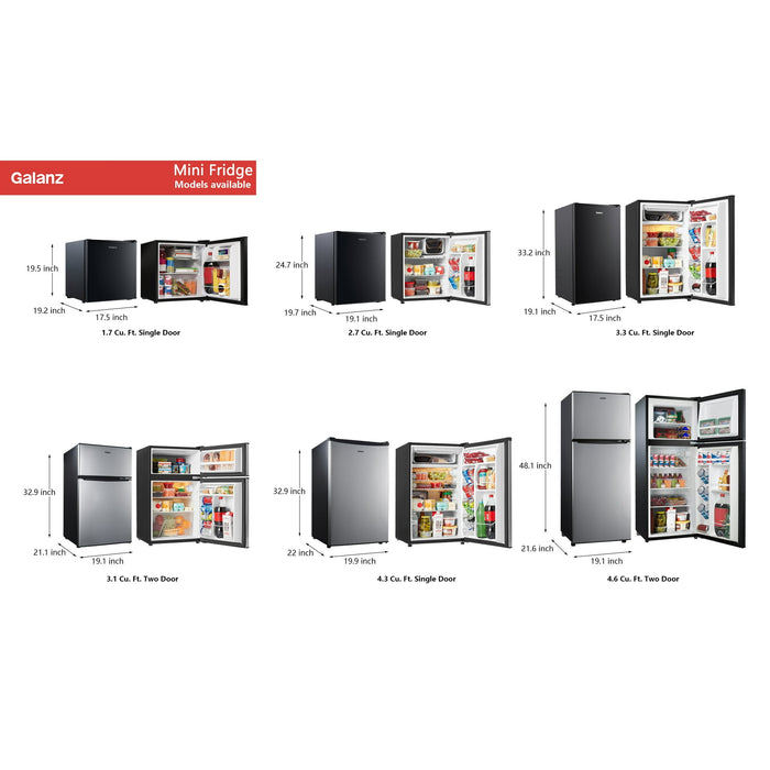 Galanz 2.7 Cu ft Single Door Mini Fridge, Black, Estar, New, Width 19.13" - open_box