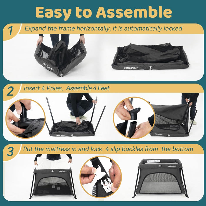 Pamo Babe Travel Crib Lightweight Baby Playard with Mattress Compact Play Yard with Detachable Legs - new