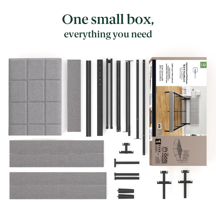 Mainstays Gray Upholstered Square Tufted Platform Bed, No Box Spring Needed, Queen - new