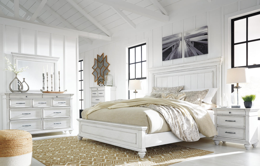 Kanwyn Whitewash Kanwyn King Panel Bed with Mirrored Dresser and Chest