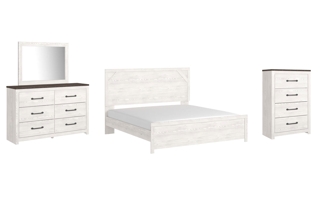 Gerridan White/Gray Gerridan King Panel Bed with Mirrored Dresser and Chest