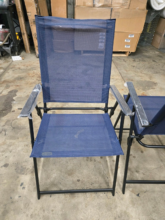 Mainstays Greyson Steel and Sling Adult Folding Outdoor Patio Armchair, Navy (Set of 2) - new