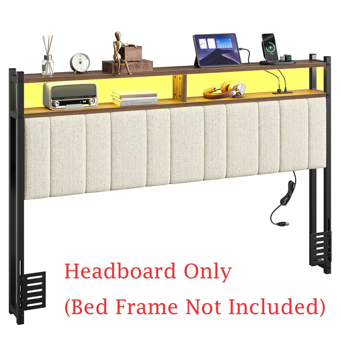 Pinmoco Upholstered Headboard for Queen Bed with Storage, Linen Head Board with LED Light and Charging Station, Beige, Headboard Only(Bed Frame Not Included) - new