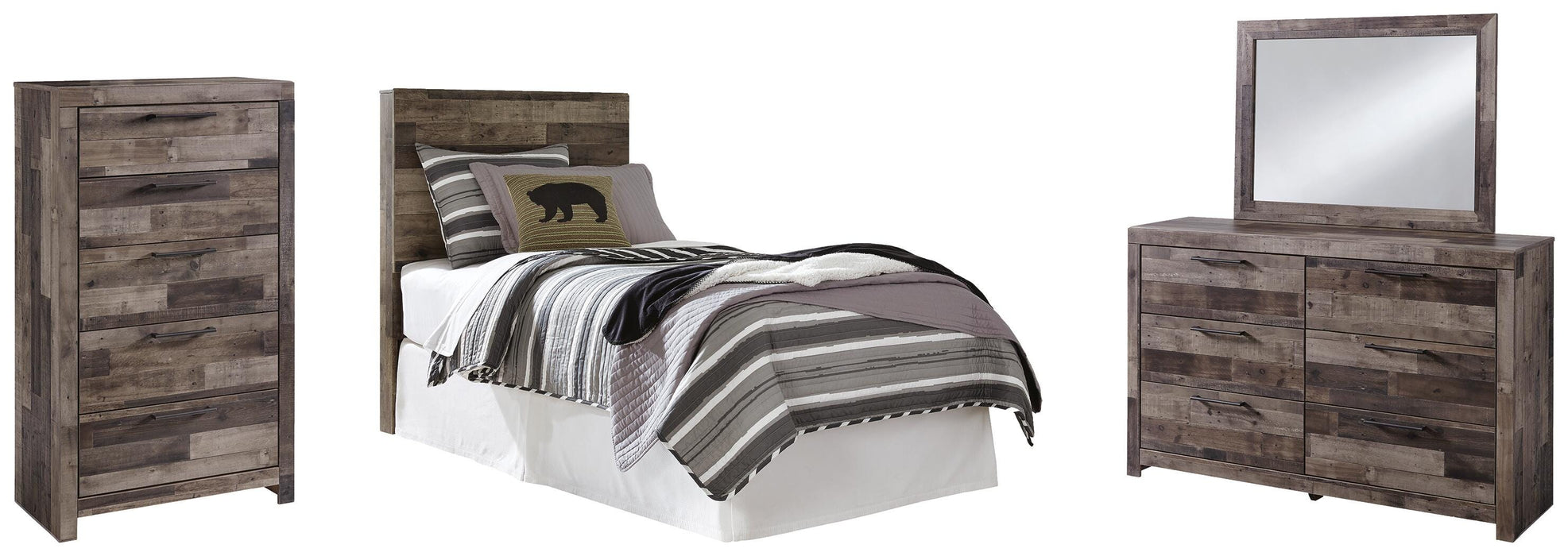Derekson Multi Gray Derekson Twin Panel Headboard Bed with Mirrored Dresser and Chest