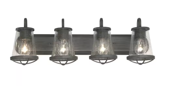 Home Decorators Collection Georgina 30 in. 4-Light Weathered Iron Industrial Rustic Vanity with Clear Seeded Glass Shades and Cage Accents - open_box