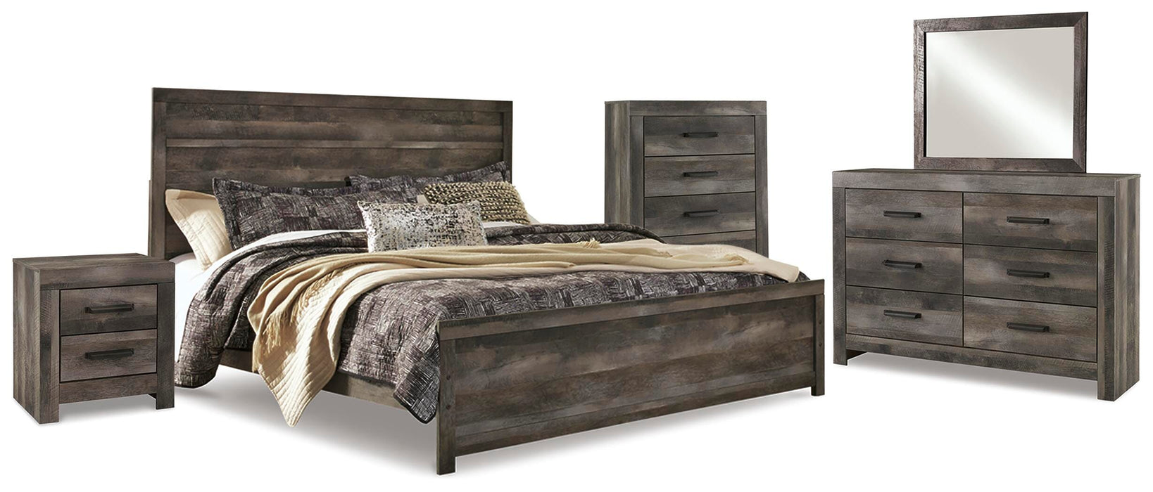 Wynnlow Gray Wynnlow King Panel Bed with Mirrored Dresser, Chest and Nightstand