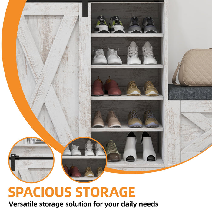 Uforic Shoe Cabinet with Sliding Door & Shoe Bench,Farmhouse Narrow Slim 5-Tier Adjustable Shoe Storage Organizer for 20 Pairs for Entryway, Foyer, Embossed White - new