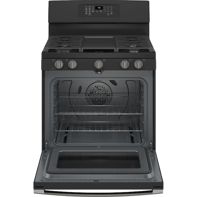 GE 30-in 5 Burners 5-cu ft Self-Cleaning Air Fry Convection Oven Freestanding Gas Range (Black Slate) - new