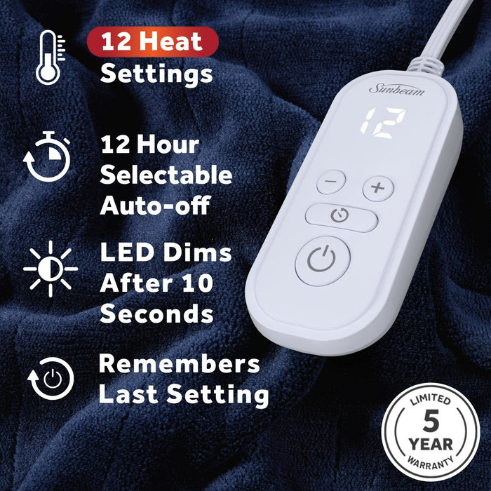Sunbeam Electric Heated Bed Blanket Navy Soft Microplush 12 Heat Settings Queen 90 x 84 - new