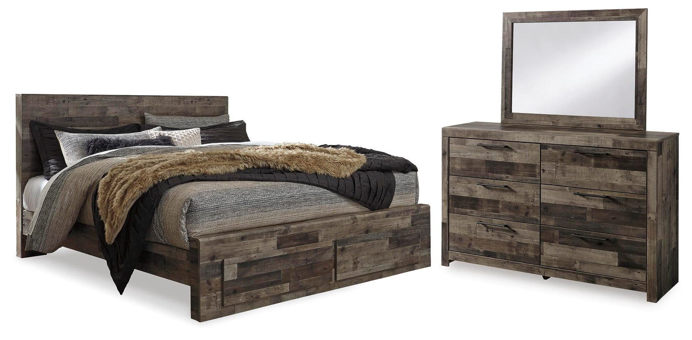 Derekson Multi Gray Derekson King Panel Bed with 2 Storage Drawers with Mirrored Dresser