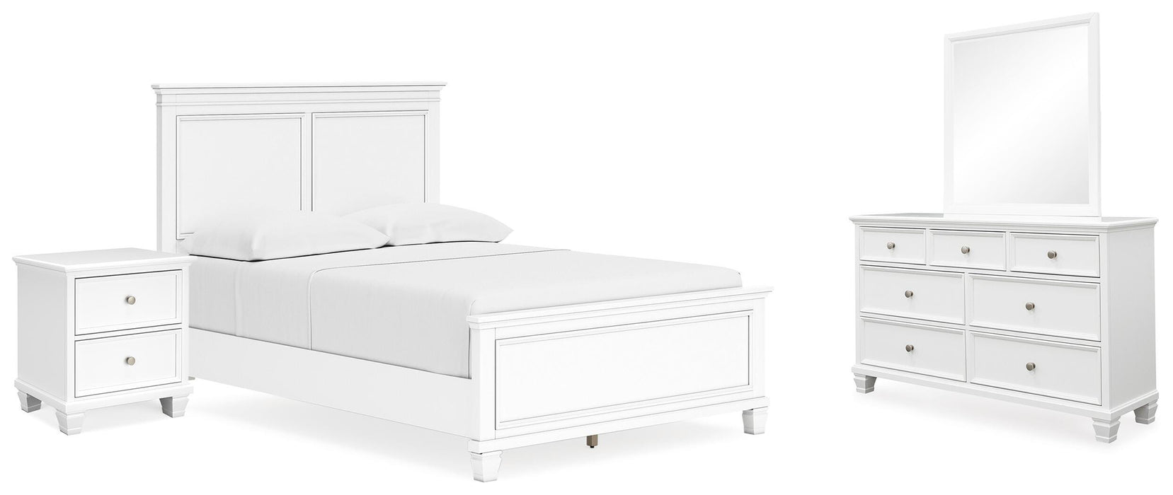 Fortman White Fortman Full Panel Bed with Mirrored Dresser and Nightstand - Brand New