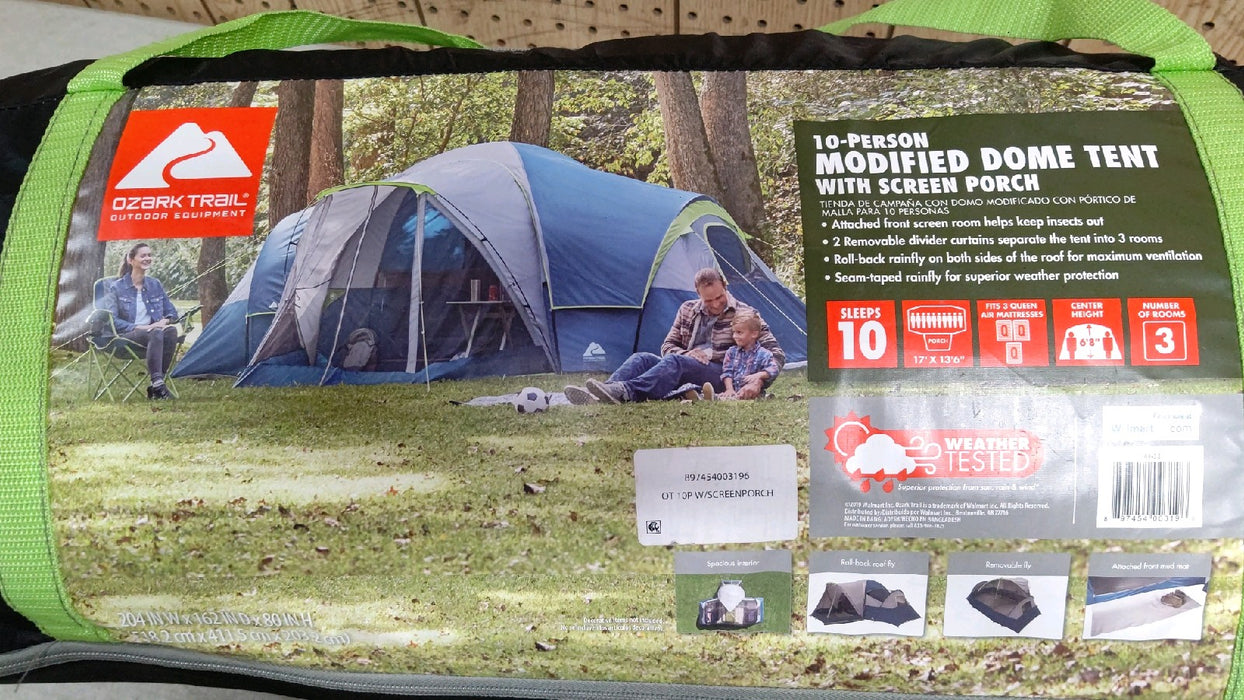 Ozark Trail 10-Person Dome Tent with Screen Porch – 3-Room Family Camping Tent with Weather Protection - used_good