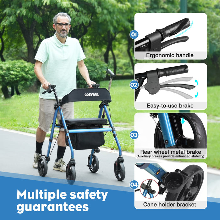 COSYWILL Rollator Walker with Seat,Foldable Mobility Walker with Durable Steel,Rolling Walker with 8" Wheels for All Terrain,Adjustable Height,300 lbs,Blue - open_box
