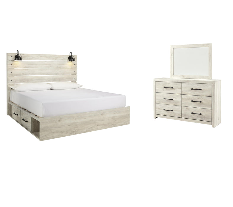 Cambeck Whitewash Cambeck King Panel Bed with 2 Storage Drawers with Mirrored Dresser