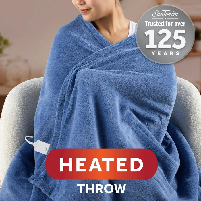 Sunbeam Electric Heated Throw Blanket Oversize Blue Corduroy Microplush 4 Heat Settings - new