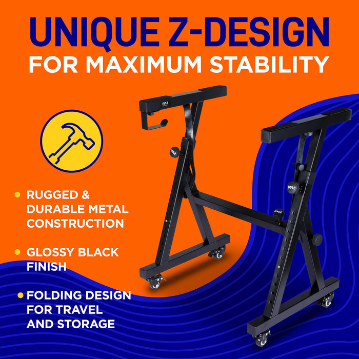 Pyle Universal Electronic Piano, Black Heavy-Duty Z Style Keyboard Stand with Locking Wheels, Adjustable Height and Width, Portable Organ Holder Rack, Collapsible Design (PKSTZ88) - open_box