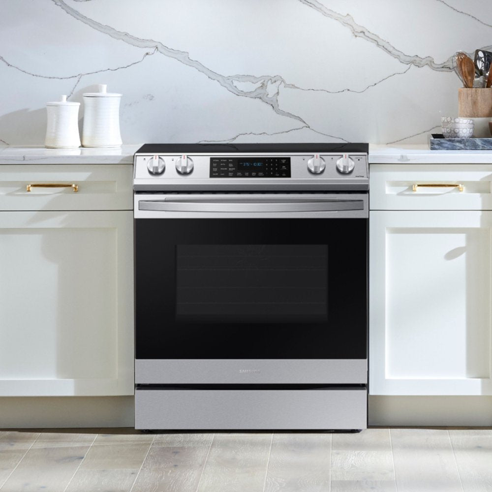 Samsung - 6.3 cu. ft. Front Control Slide-In Electric Convection Range with Air Fry & Wi-Fi, Fingerprint Resistant - Stainless Steel - display_model