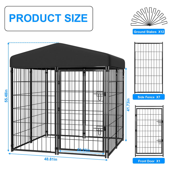 Anyask 4FT(D) x 4FT(W) x 4.5FT(H) Large Outdoor Heavy Duty Metal Dog Kennel Playpen with Sun/Rain Roof Top for Cat Duck Chicken - new