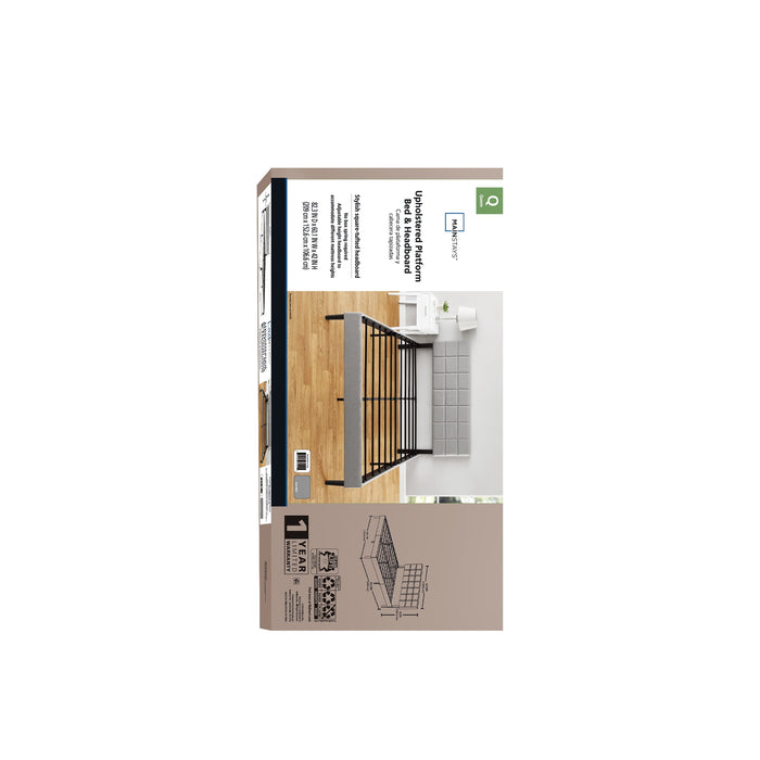 Mainstays Gray Upholstered Square Tufted Platform Bed, No Box Spring Needed, Queen - new