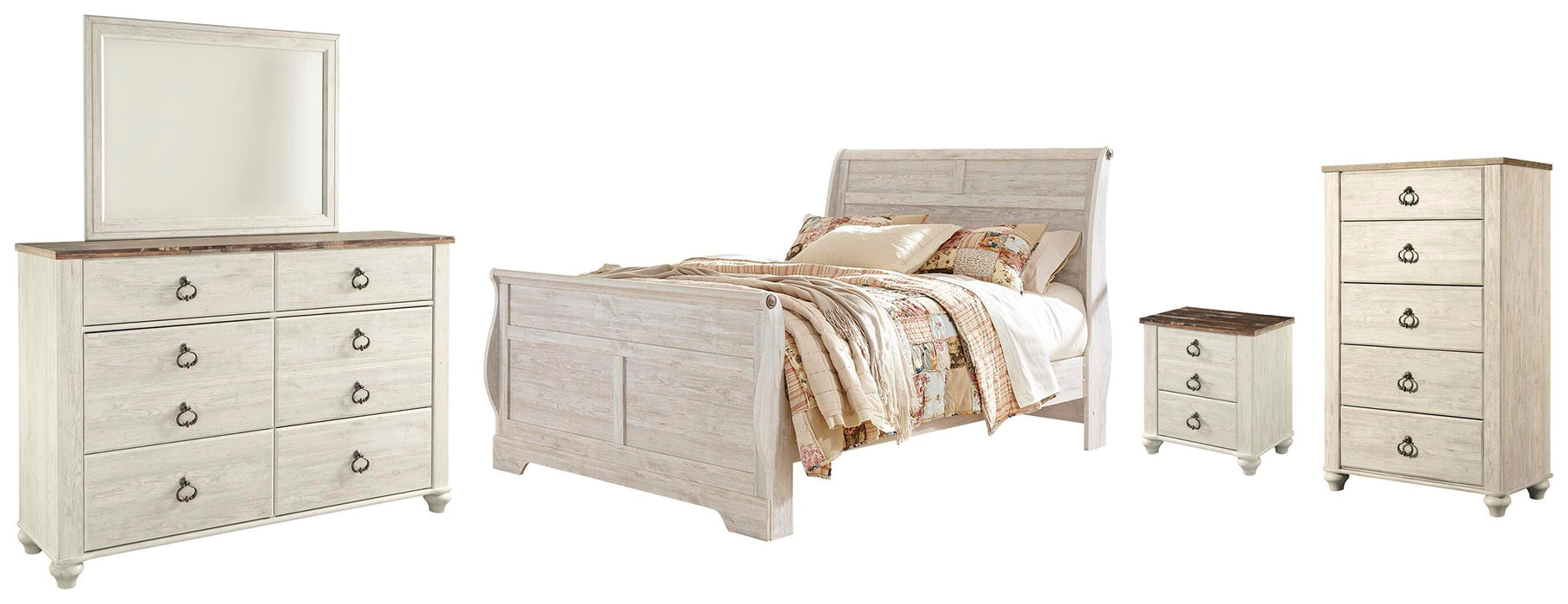 Willowton Whitewash Willowton Queen Sleigh Bed with Mirrored Dresser, Chest and Nightstand