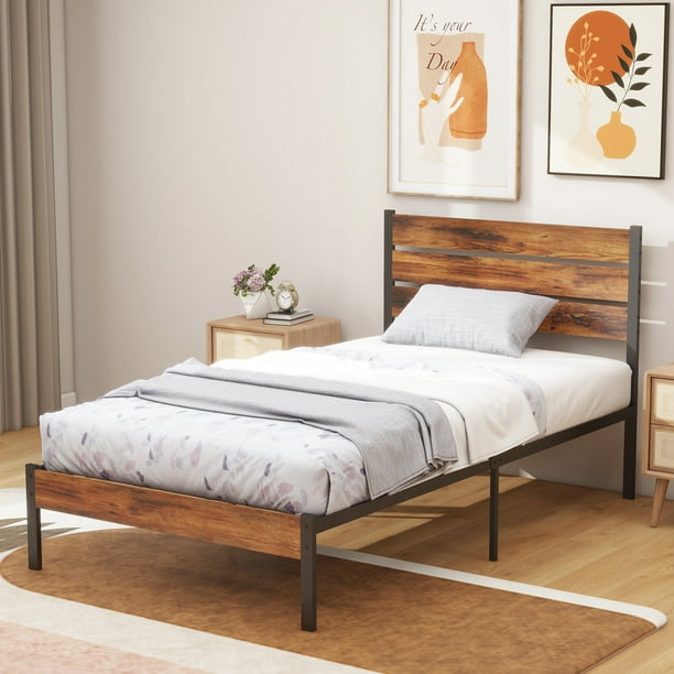 Simenmax Twin Size Bed Frame with Headboard, Mattress Foundation with All Sturdy Metal Support, Under Bed Storage, No Box Spring Needed, Rust Brown - new