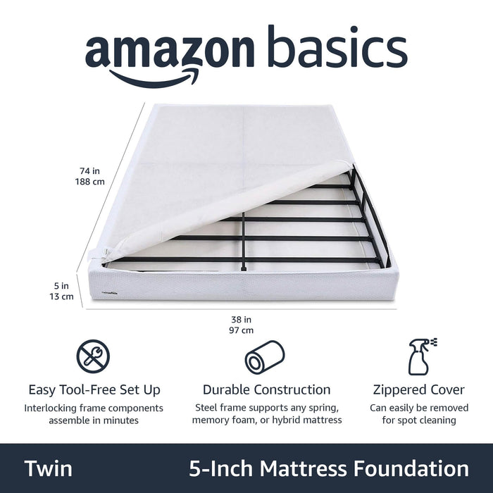 Amazon Basics Smart Box Spring Bed Base, 5-Inch Height Mattress Foundation, Tool-Free Easy Assembly, Twin, 74"L x 38"W x 5"H, White - open_box