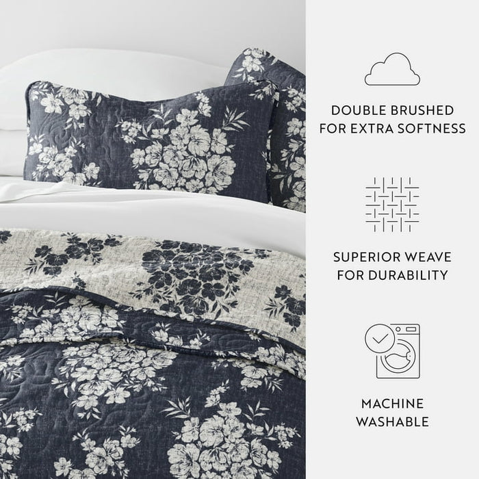 Noble Linens 3-Piece Navy Distressed Bouquet Reversible Quilt Set, Queen - open_box